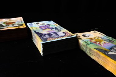 Bir yığın LEI Romanya parası. RON Leu Para Avrupa Para Birimi