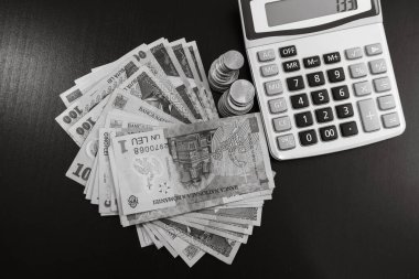 İş konsepti, Romanya para birimi siyah masada. Banknotlar, madeni paralar ve hesap makinesi.