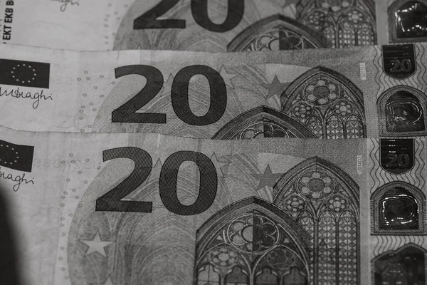 Selektywny Nacisk Szczegóły Dotyczące Banknotów Euro Zbliżenie Makro Detale Banknotów — Zdjęcie stockowe