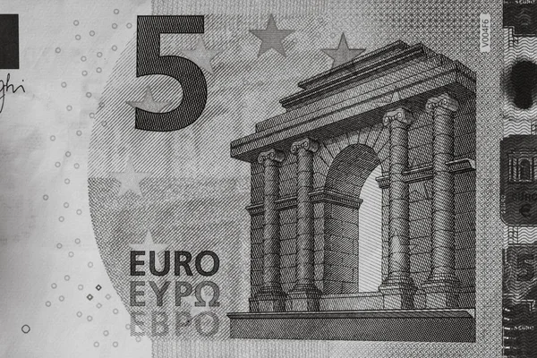 ユーロ銀行券の詳細に焦点を当てます お金の銀行券のマクロの詳細を閉じます 5ユーロ孤立 世界のお金の概念 インフレと経済の概念 — ストック写真