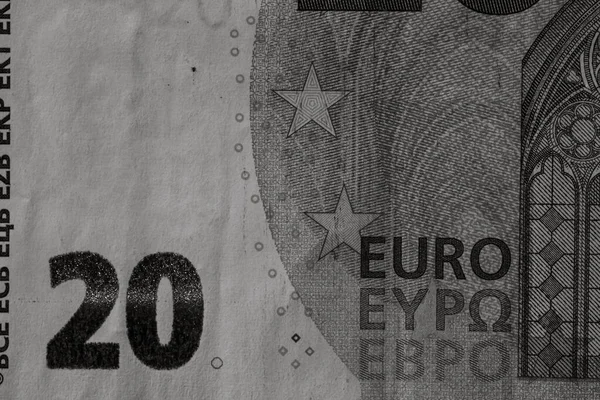 Selektywny Nacisk Szczegóły Dotyczące Banknotów Euro Zbliżenie Makro Detale Banknotów — Zdjęcie stockowe