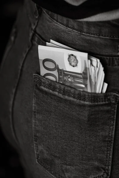 Billets Banque Proximité Argent Dans Une Poche Jeans Euro Sort — Photo