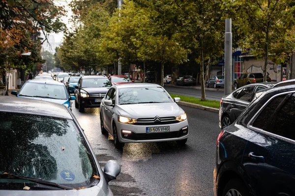 Tráfico Coches Hora Punta Contaminación Del Coche Atasco Bucarest Rumania — Foto de Stock