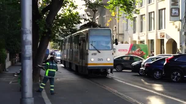 布加勒斯特有轨电车交通中的公共交通工具 — 图库视频影像