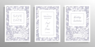 Düğün davetiyesi tasarımı. Pastel renkli bir kart seti. Vektör.