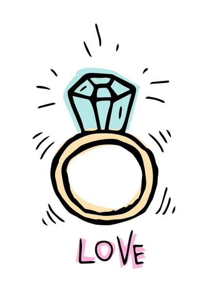 Een Ring Met Een Diamant Handgetekende Kleurenillustratie Vector — Stockvector