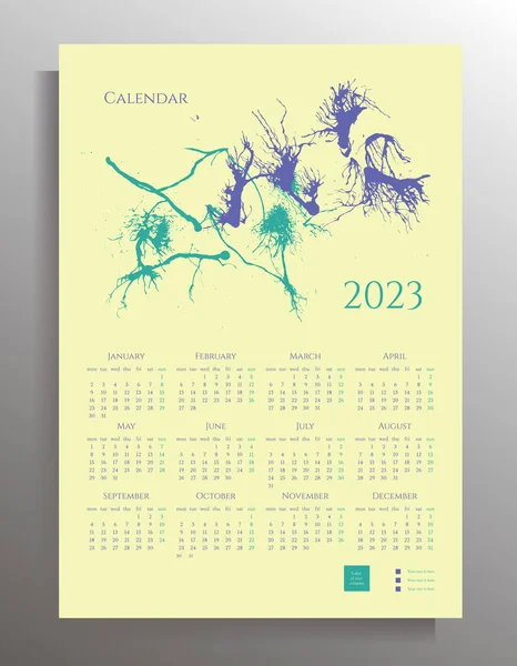 Шаблон Календаря 2023 Дизайн Настінного Щомісячного Календаря Абстрактними Художніми Ілюстраціями — стоковий вектор
