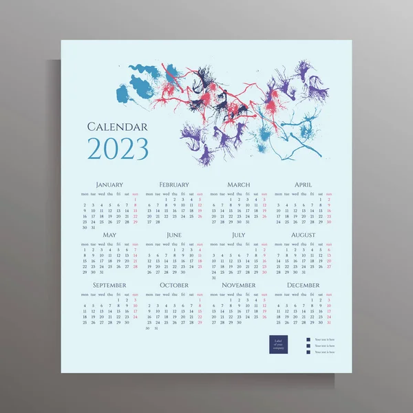 2023年のカレンダーテンプレート パステルの背景に抽象的な芸術的なイラストと壁の毎月のカレンダーのデザイン — ストックベクタ