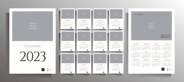 2023 takvimi. Fotoğraflarınız için yer ayarlı vektör şablonları.