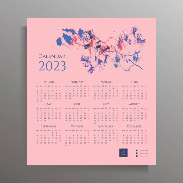 Πρότυπο Ημερολογίου Για 2023 Μηνιαίο Σχέδιο Ημερολογίου Τοίχου Αφηρημένες Καλλιτεχνικές — Διανυσματικό Αρχείο