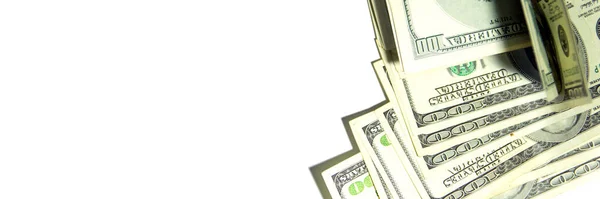 お金でバナーの背景アメリカの100ドル紙幣 現金だ 選択的フォーカスでクローズアップ 上からの眺め — ストック写真