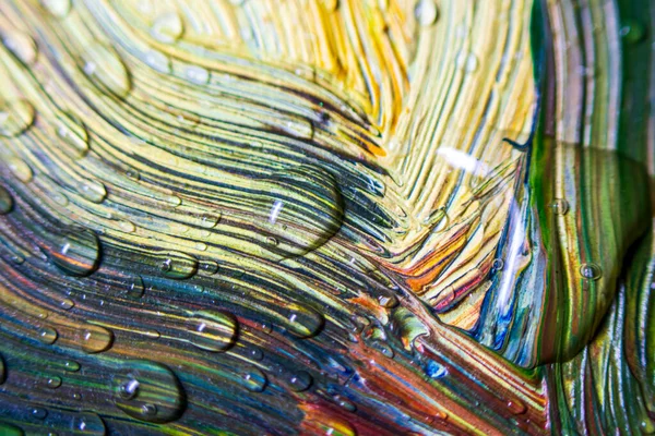 Színes Színes Festékek Borítják Vízcseppek Multicolor Absztrakció Fantasztikus Hipnotikus Felület — Stock Fotó