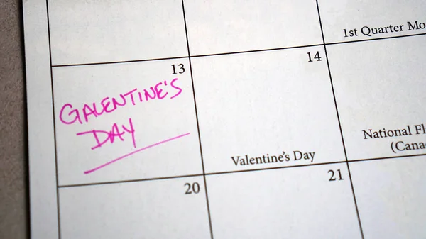Calendar reminder about Galentine\'s Day, celebrated on February 13, a day in which women celebrate their female friendships. The holiday was made popular by the show Parks and Recreation.