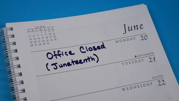 Office closure marked on a calendar on Monday, June 20, in observance of Juneteenth which falls on a Sunday