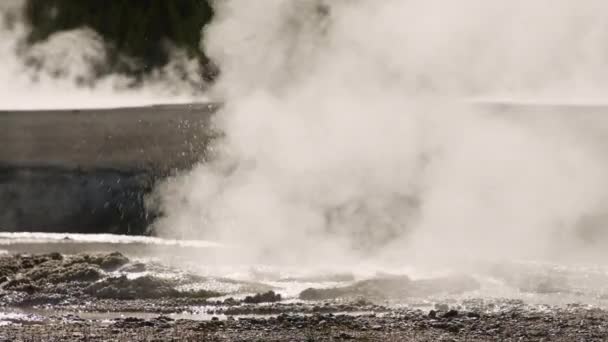 Des éclaboussures d'eau bouillante chaude avec des gouttes d'eau et une vapeur épaisse chaude tourbillonnant au-dessus — Video