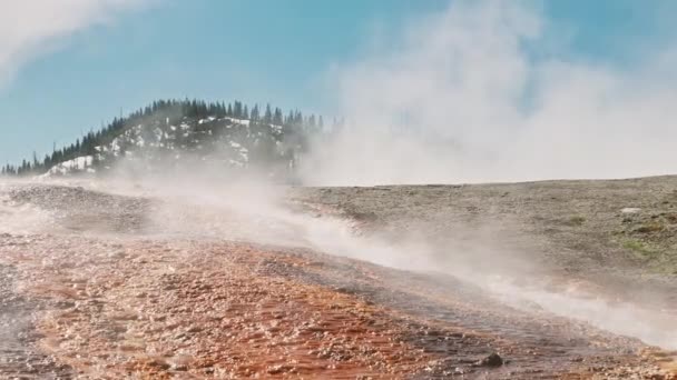Horká hustá parní mlha stoupající z dosahu minerálů povrch sopečného gejzíru USA — Stock video