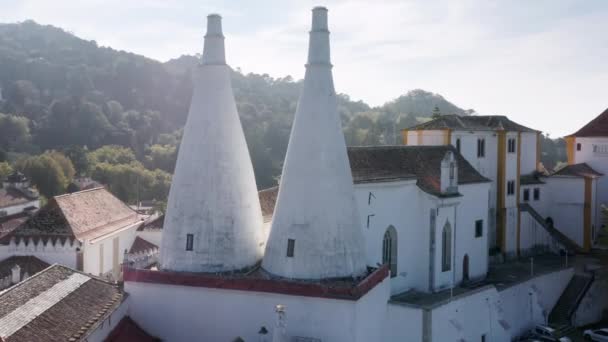 Sintra National Palace met witte gevel en kegelvormige schoorstenen gezien vanaf de top — Stockvideo