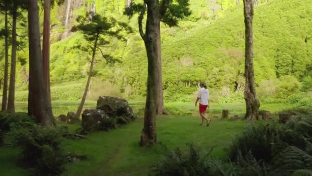 Imágenes de drones de un viajero masculino disfruta de la naturaleza salvaje en el bosque — Vídeos de Stock