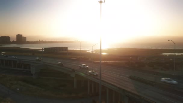 Coches que conducen rápido por la autopista y los carneros en la soleada noche de verano, al atardecer dorado — Vídeos de Stock