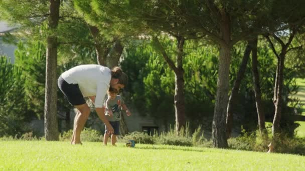 Папа играет в футбол со своим маленьким сыном в живописном природном ландшафте — стоковое видео