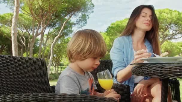 Menino desfruta de um copo de suco de laranja colorido e delicioso ao ar livre — Vídeo de Stock