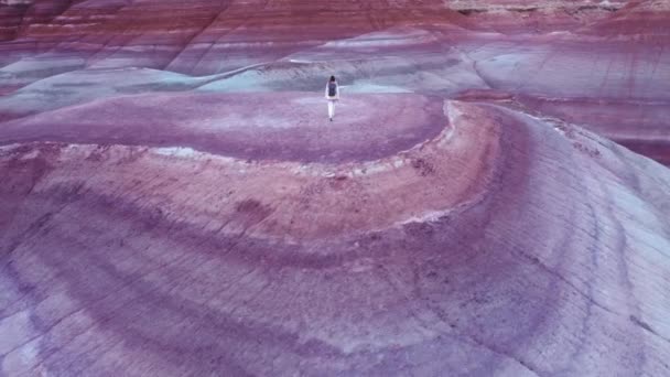 Paisagem de tirar o fôlego aéreo Mulher turística explorando outra paisagem planeta — Vídeo de Stock