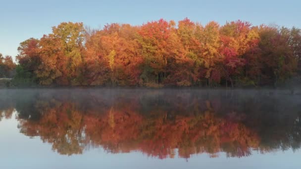 Filmiska fall lövskog reflekterar i den stilla ytan av sjön vatten 4K — Stockvideo