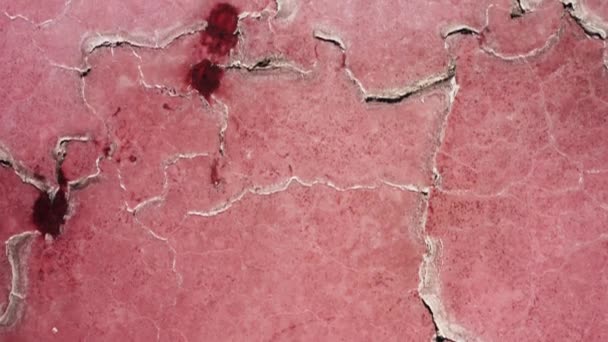 Vuelo del dron escénico sobre lecho de lago rosa seco forma extraña blanco seco sal patrón 4K — Vídeos de Stock
