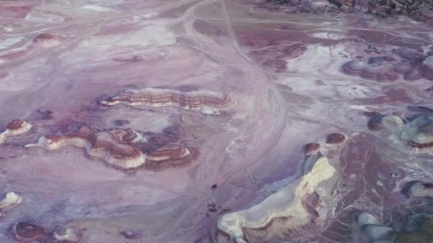 Vista aérea del coche conduciendo por fuera de la carretera a través de pintado púrpura, azul, desierto rosa — Vídeos de Stock