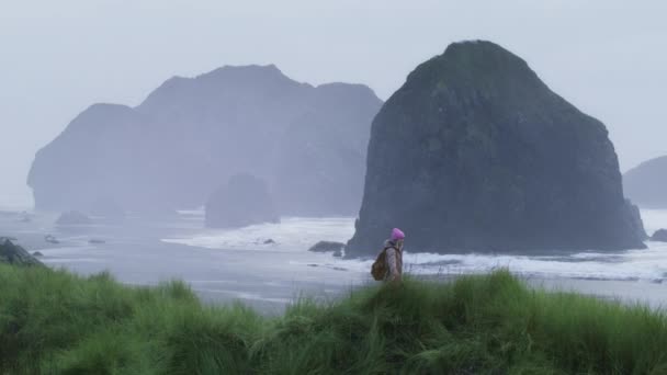 Filmreifer Blick auf das Meer, Wanderin am Strand, malerische Felseninseln — Stockvideo