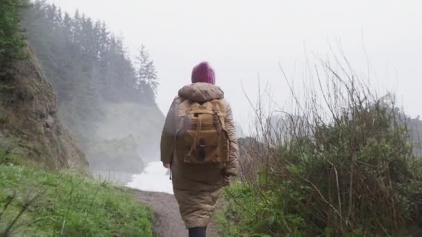 Повільний рух жінка насолоджується захоплюючим видом в дощовий день, залишаючись на морській скелі — стокове відео