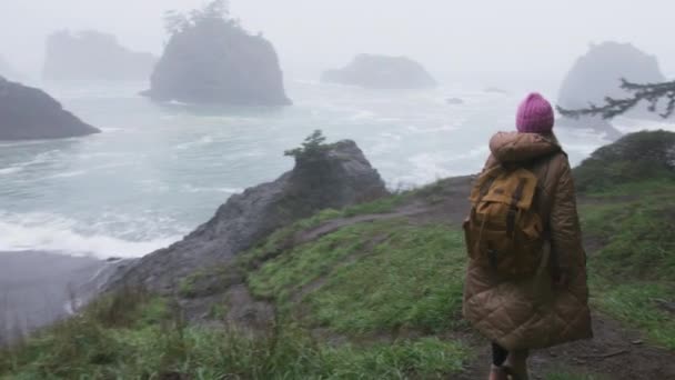 Freie glückliche Frau blickt mit erhobenen Armen auf und genießt ruhigen Regentag an der Küste — Stockvideo