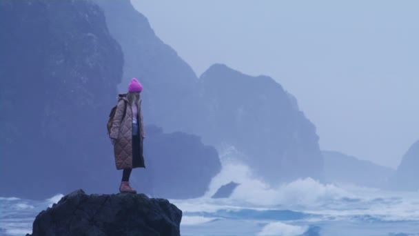 Zeitlupe begeistert inspirierte Frau auf Meeresfelsen und hebt Hände in die Luft — Stockvideo