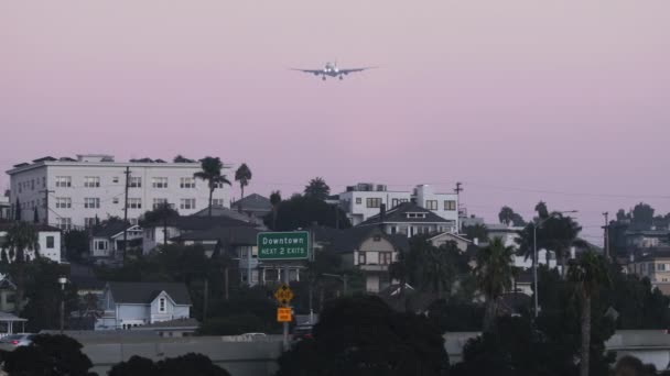 Big passenger airplane flies above modern metropolis within purple sky — стоковое видео