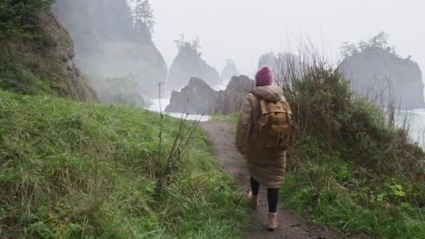 Feliz e bêbado da vida viajante mulher, liberdade e felicidade conceito, Oregon 6K — Vídeo de Stock