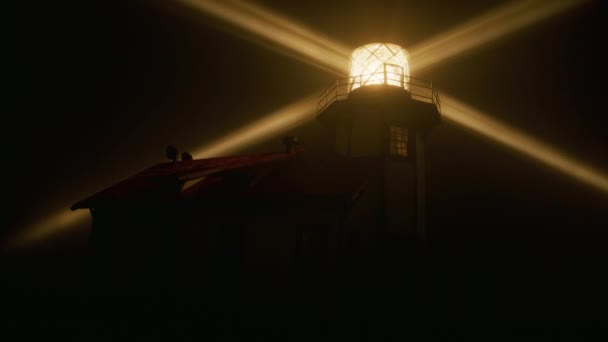 Close up view rotating beam of Light house lantern illuminating thick fog cloud — Stockvideo