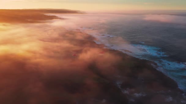 Camera is rising above thick fog above beautiful ocean of golden sunrise clouds — Video Stock