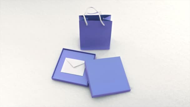 Элегантный набор подарков пастельно-фиолетового цвета с бумажным пакетом, подарочной коробкой и белой картой — стоковое видео