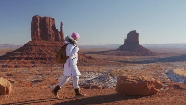 映画のような山の崖がある赤い渓谷の土地の砂漠を歩く女性ハイカー — ストック動画