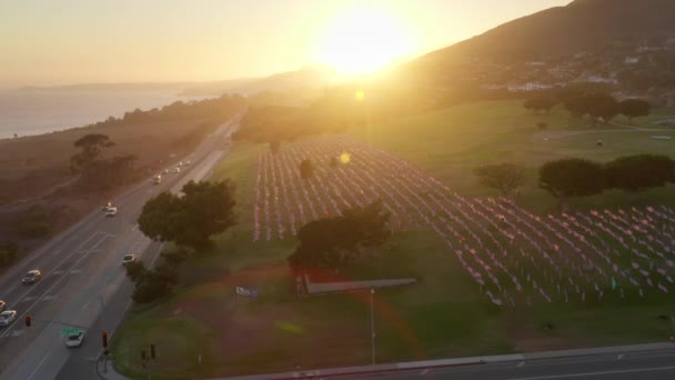 Щорічні хвилі прапорів відображаються вздовж красивого газону в оточенні гір — стокове відео