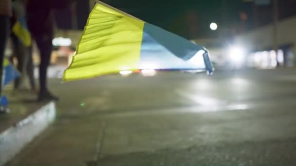 Folkmassa viftande gula och blå ukrainska flaggor och Stop WAR, Stop PUTIN tecken — Stockvideo