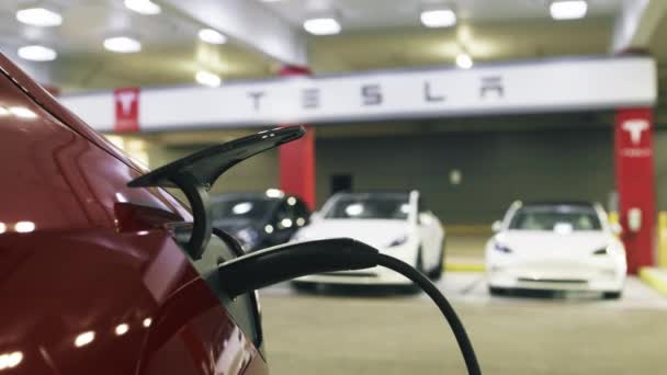 Tesla opladen in Los Angeles, USA EV oplaadstation voor elektrische auto 's — Stockvideo