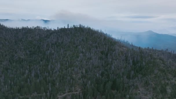 Vista aerea di un bellissimo paesaggio remoto sotto lo skyline nebbioso — Video Stock