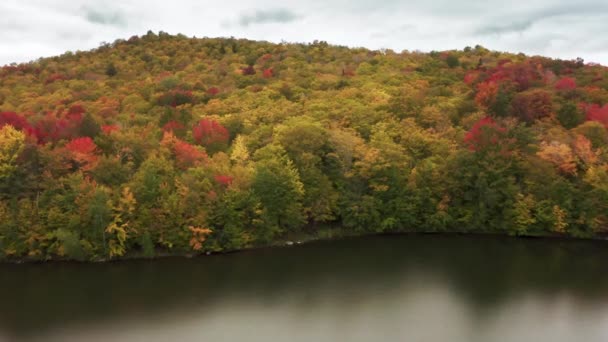 Drone bilder av den filmiska sjön, omgiven av pulserande säsongsbetonade färger — Stockvideo