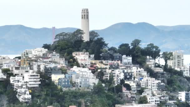 4K Havacılık San Francisco şehri Coit Tower ABD 'nin beyaz tarihi binası — Stok video