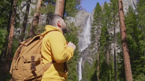 30s Forest Hiker Hombre viajero en Woods Senderismo en el Parque Nacional de Yosemite, Estados Unidos 6K — Vídeos de Stock