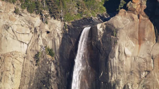 美丽的瀑布落在陡峭的悬崖上，山顶上有松树林 — 图库视频影像