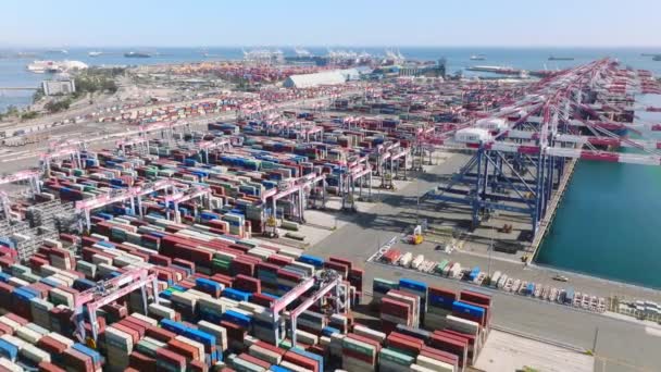 Big logistic hub with seaport and ocean in the background — Vídeos de Stock