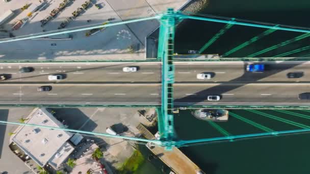 Drohnenschuss von grüner Hängebrücke über dem Hafen — Stockvideo