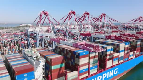 Aerial view of container ship with colorful containers in bay — Vídeo de stock